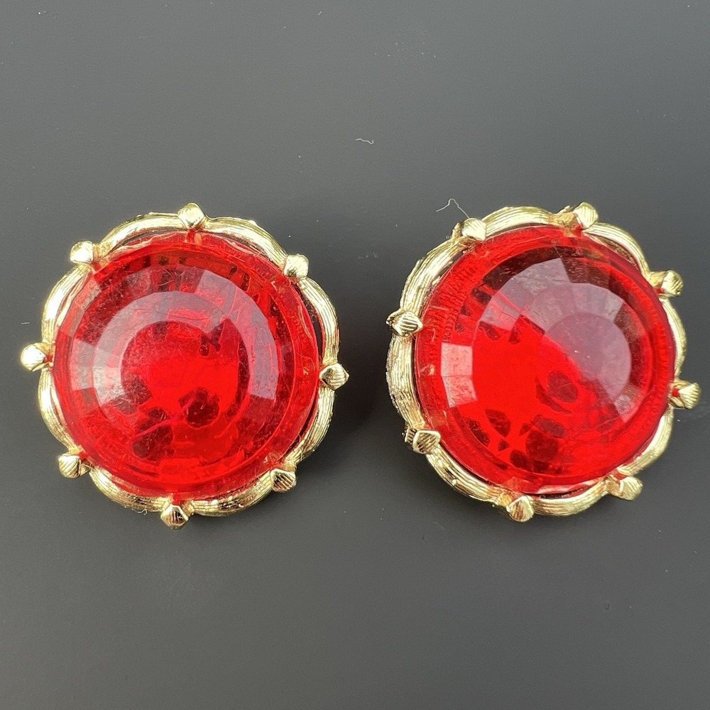 Coro Red Glass Clip Cabochon Earrings Gold Tone Vintage
